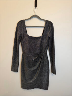 Women Altard State Small Black Silver Shimmer Sparkly Long Sleeve Mini Dress